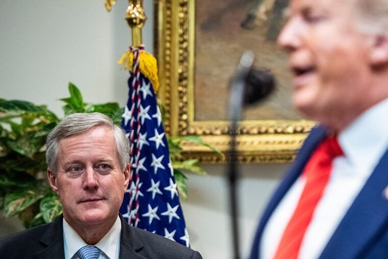 Then-Rep. Mark Meadows (R-N.C.) listens as President Donald Trump speaks at the White House on Oct. 9, 2019, in Washington, D.C. Trump named Meadows his chief of staff in 2020. Jabin Botsford / Washington Post