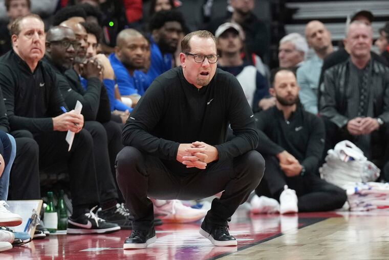 Philadelphia 76ers coach Nick Nurse watches the action during the first half. Saturday night's game was Nurse's first since taking over the Sixers.