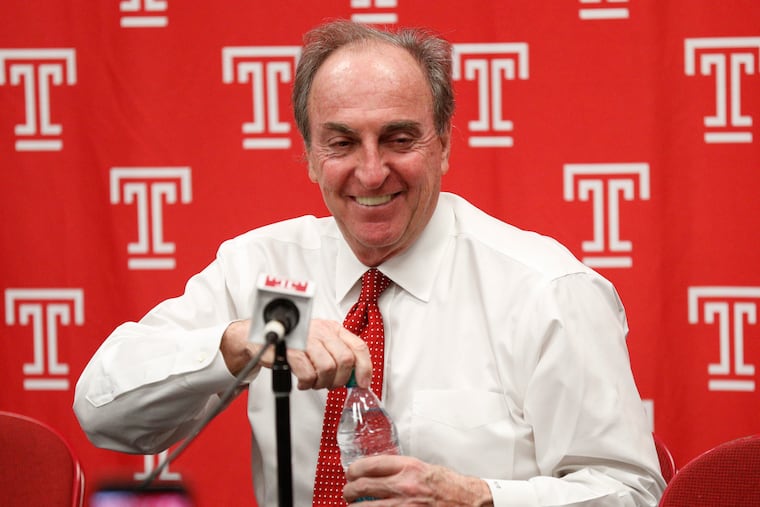 Temple's head coach Fran Dunphy takes questions from the media following the second half of an NCAA college basketball game against Central Florida, Saturday, March 9, 2019, in Philadelphia. Temple won 67-62. (AP Photo/Chris Szagola)