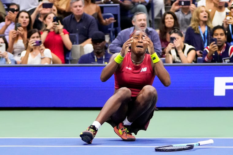 Coco Gauff reacts after winning the U.S. Open on Saturday.