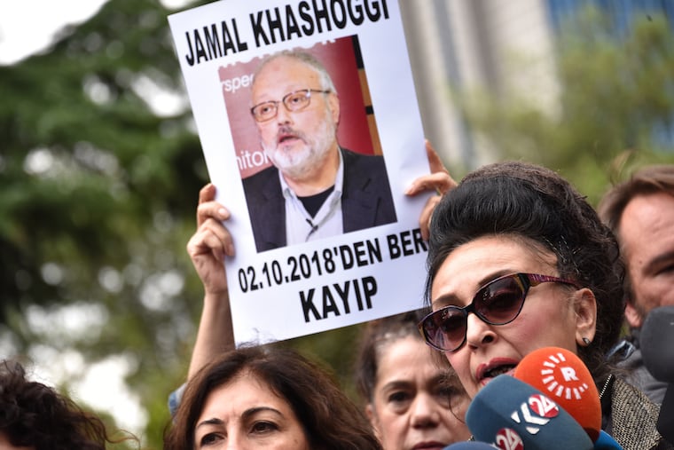 Protestors demonstrate at the entrance of Saudi Arabia consulate over the disappearance of Saudi journalist Jamal Khashoggi, on Oct. 9, 2018, in Istanbul.