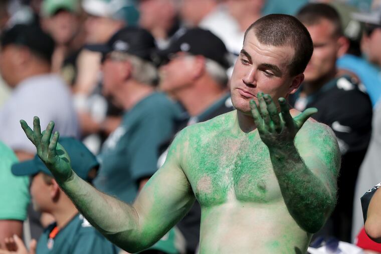 If they're allowed back into the stadium this fall Eagles supporters hoping to avoid the coronavirus will likely need more protection than what this fan wore at Lincoln Financial Field on Sept. 22 against the Lions.