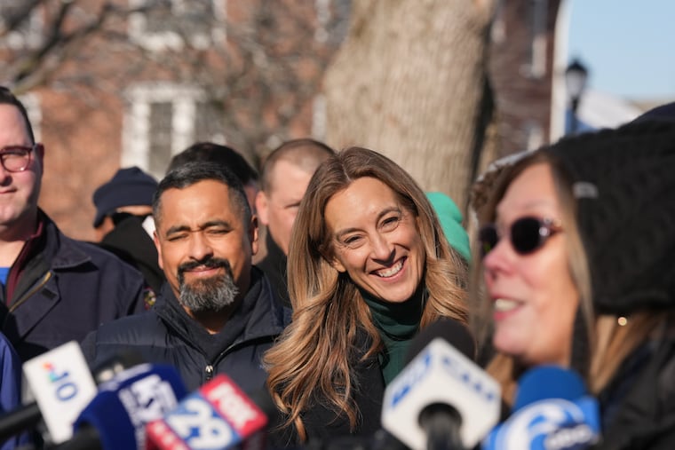 Governor-elect Mikie Sherrill, shown here at a press conference as volunteers gather prior to shoveling snow at Fairview Village on Martin Luther King Jr. Day during a day of service, in Camden.