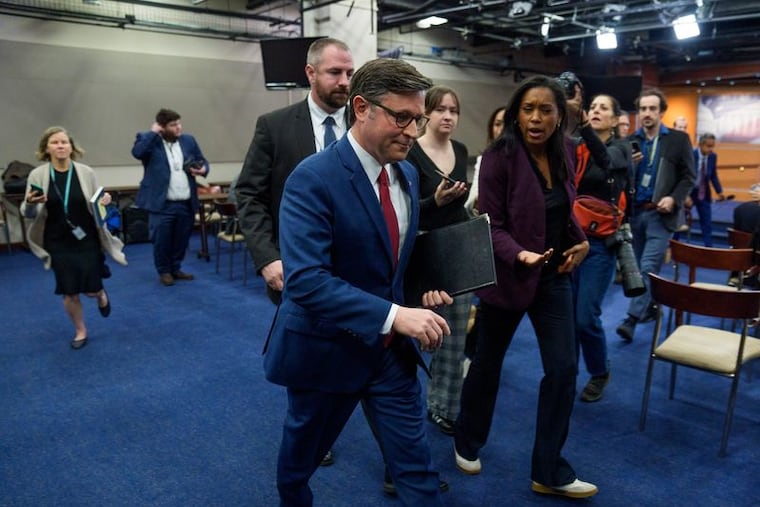 Speaker of the House Mike Johnson departs after giving remarks on the government shutdown on Monday, Nov. 10.