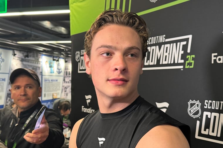 James Hagens, who meet with the Flyers, talks to the media.