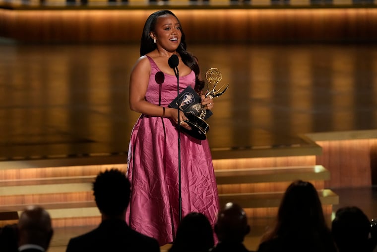 Quinta Brunson accepts the award for outstanding lead actress in a comedy series for "Abbott Elementary" during the 75th Primetime Emmy Awards on Monday.