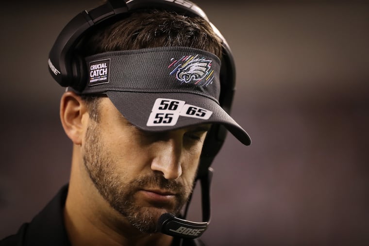 Philadelphia Eagles head coach Nick Sirianni paces the sideline in the Eagles 28-22 loss to the Tampa Bay Buccaneers at Lincoln Financial Field in Philadelphia, Pa. on October 14, 2021.