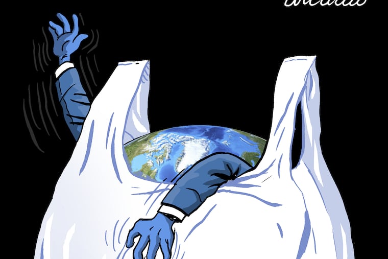 Arcadio Esquivel of Costa Rica illustrates on April 21 that "plastic bags choke the world."