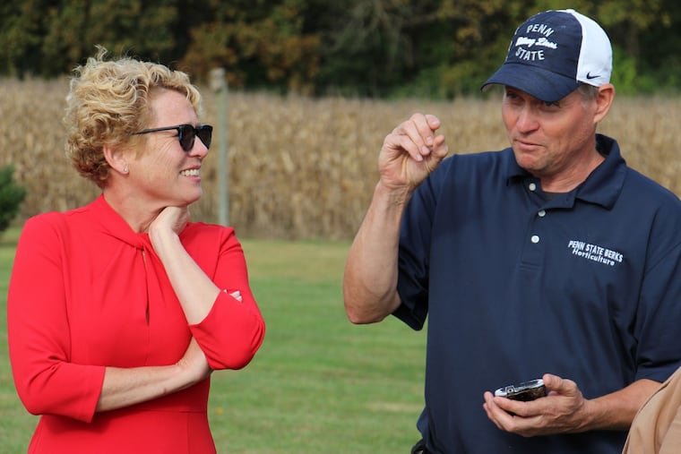 U.S. Rep. Chrissy Houlahan (D., Pa.), of Chester County (left) speaks with John Rost, Lab Supervisor for Biology and Horticulture at Penn State Berks on Tuesday Oct. 8, 2019. Amid an accelerating impeachment investigation into President Donald J. Trump, Houlahan visited the school to discuss the spotted lanternfly, an invasive species threatening Pennsylvania crops.