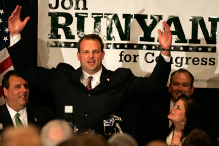 Republican Jon Runyan celebrates Tuesday night after defeating Democrat John Adler in the 3rd Congressional District of New Jersey. (David Swanson / Staff Photographer)