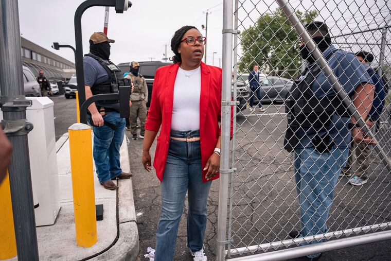 Congresswoman Rep. LaMonica McIver, D-N.J., exits the grounds at Delancey Hall ICE detention prison, Friday, May 9, 2025, in Newark, N.J.