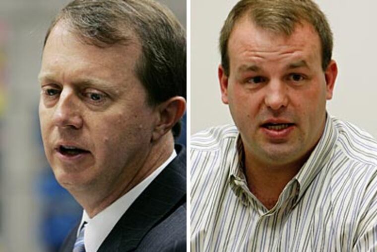 U.S. Rep. John Adler (D., N.J.) (left) is being called a hypocrite by challenger Jon Runyan (right) for planning a fundraiser with lobbyists and executives from the financial industry. (File Photos)