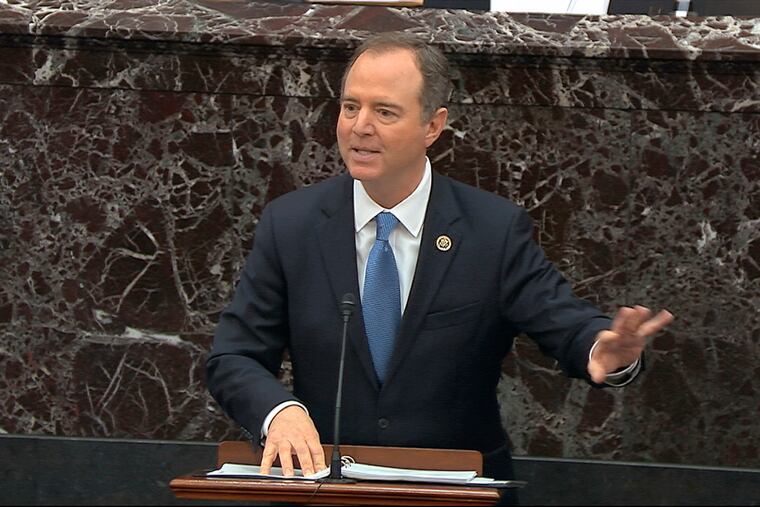 In this image from video, House impeachment manager Rep. Adam Schiff (D., Calif.) speaks during the impeachment trial against President Donald Trump in the Senate at the U.S. Capitol in Washington on Thursday.