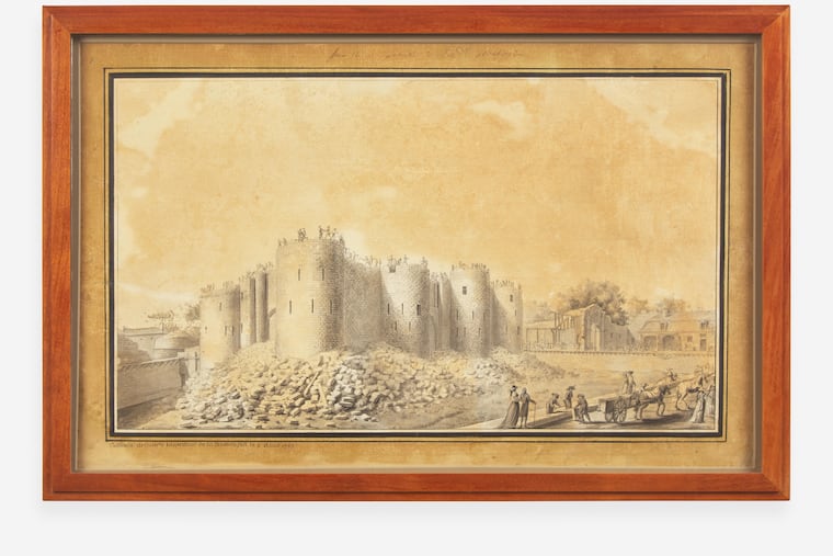 Titled “The Destruction of the Bastille,” this ink-wash drawing on laid paper depicts the demolished Bastille prison in Paris, France, on Aug. 8, 1789, created by Étienne-Louis-Denis Cathala. The sketch is inscribed at the top by Gilbert du Motier, Marquis de Lafayette. The inscription reads: "From the M. de Lafayette to General Washington.” The inscription at bottom by the artist reads: "Cathala Architecte Inspecteur de la Bastille fait le 8 Aoust 1789." The drawing will be on display at the Museum of the American Revolution Aug. 1-31 before going up for auction.