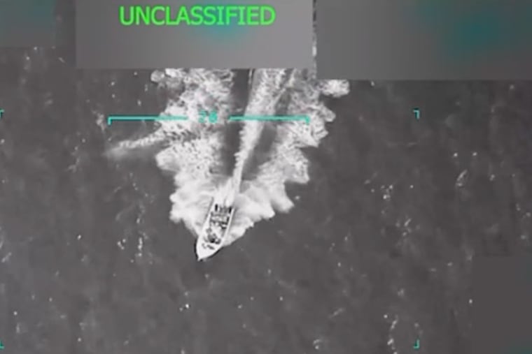 An image taken from a government video released by President Donald Trump on Truth Social shows a boat during an attack by U.S. naval forces on Tuesday, Sept. 2, 2025. Trump said 11 people on board the vessel were killed, and asserted the boat was carrying narcotics bound for the U.S.