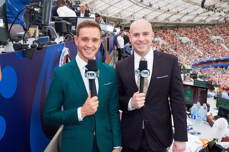Stuart Holden (left) with John Strong in Fox Sports' booth at this summer's men's World Cup in Russia.