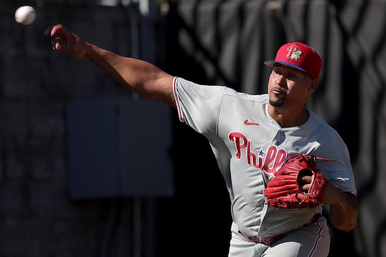 Phillies closer Jhoan Duran, shown during a workout on Feb.21, pitched a scoreless fourth inning against Team Canada on Wednesday.