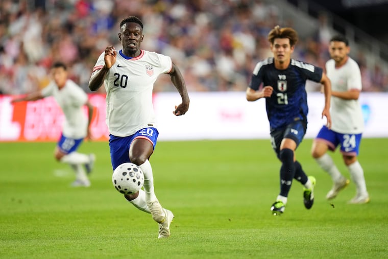 Folarin Balogun (left) in flight during the U.S. men's soccer team's game against Japan last month.