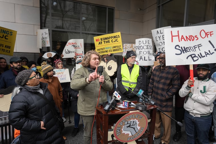 Jay Bergen, a Philadelphia pastor from the Germantown Mennonite Church, with No ICE Philly, speaks at a protest outside the Criminal Justice Center on Thursday.
