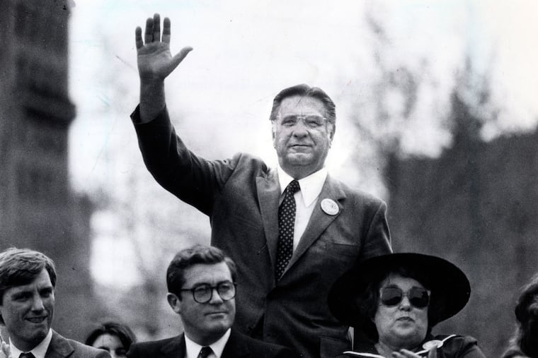 Frank Rizzo at the Israel Day celebration at Dilworth Plaza in 1983, just before losing the primary election to W. Wilson Goode. He lost again to Goode four years later.