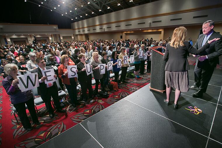 Advocates of early-childhood education show their support after Mayor Kenney’s remarks on the subject at the Convention Center. He proposes funding pre-K programs with a soda tax.