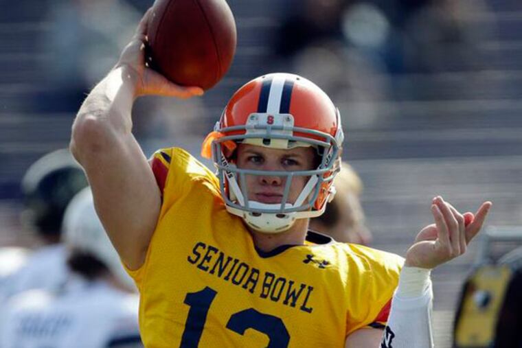 Ryan Nassib throws during Senior Bowl practice at Ladd-Peebles Stadium in Mobile, Ala., Tuesday, Jan. 22, 2013. (Dave Martin/AP)