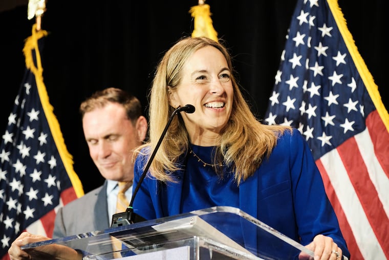 U.S. Rep. Mikie Sherrill delivers her Democratic primary victory speech Morristown, N.J. on June 10, 2025.
