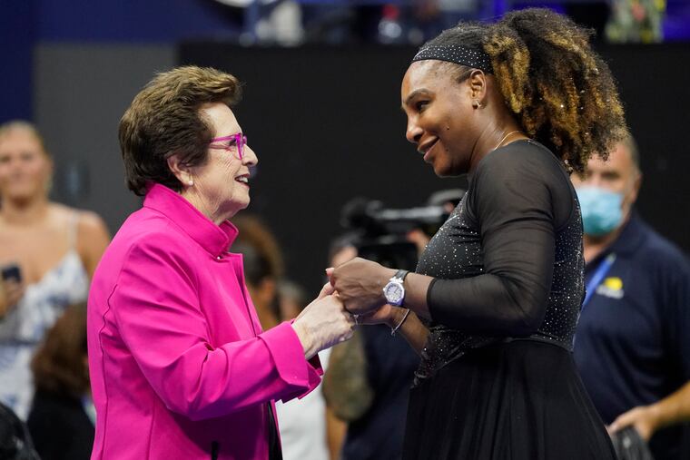 Billie Jean King (left) meets with Serena Williams after Williams defeated Danka Kovinic in the first round of the U.S. Open on Monday.