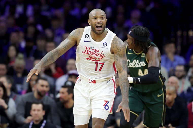 P.J. Tucker of the Sixers reacts after missing a shot against the Celtics at the Wells Fargo Center on Feb. 25, 2023.