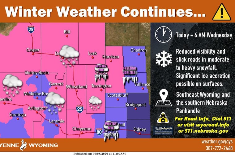 After a hot spell, winter-storm warnings are posted for Wyoming and Nebraska.