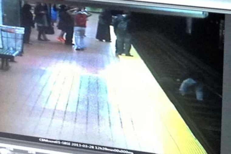 Knafelc jumped on the tracks at 12:40 p.m. this afternoon at Cecil B. Moore station along the Broad Street line when he saw another man stumble, then fall onto the tracks six feet below.