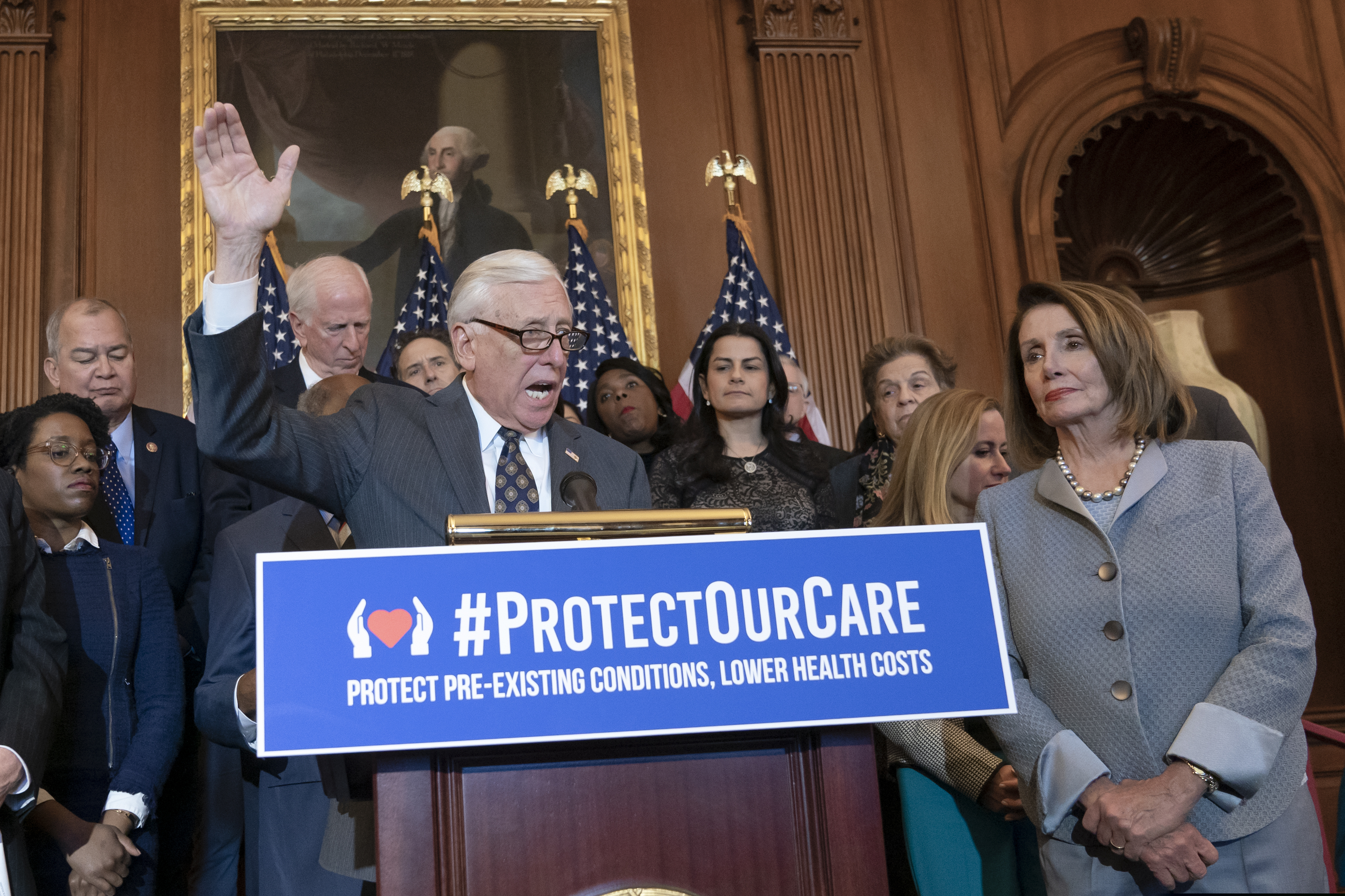 House Majority Leader Steny Hoyer, D-Md., joined at right by Speaker of the House Nancy Pelosi, D-Calif., speaks at an event to announce legislation to lower health care costs and protect people with pre-existing medical conditions, at the Capitol in Washington, March 26, 2019. On July 17, the House of Representatives voted to strike down one aspect of the Affordable Care Act: the so-called Cadillac tax.