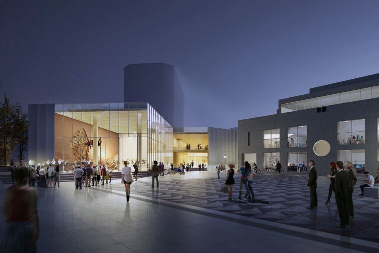Night view of the Stuart Weitzman Theatre from the Annenberg Center Plaza. Representative architectural rendering, subject to change.