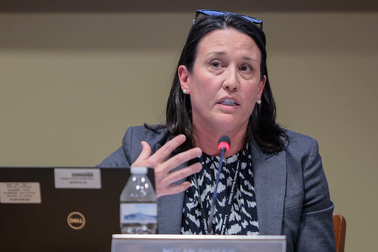 Lower Merion School District Acting Superintendent Megan Shafer, speaking at a school board meeting in April, addresses parents upset with the district's handling of an incident involving Bala Cynwyd fifth graders texting about school shootings. The district is now investigating messages shared on the Discord social platform involving threats to Black Rock and Bala Cynwyd Middle School students.