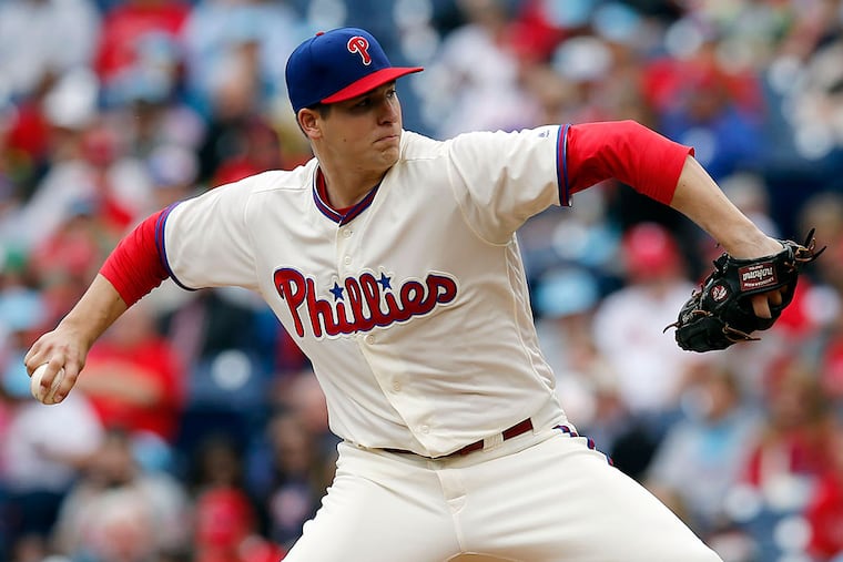 Jerad Eickhoff throws a first-inning pitch against the Atlanta Braves.