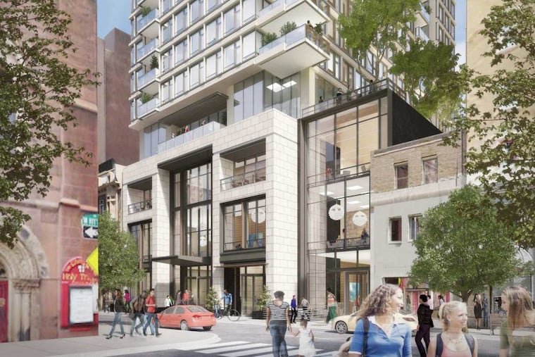 Artist's rendering of 1911 Walnut residential tower, as seen from street level on Walnut Street.