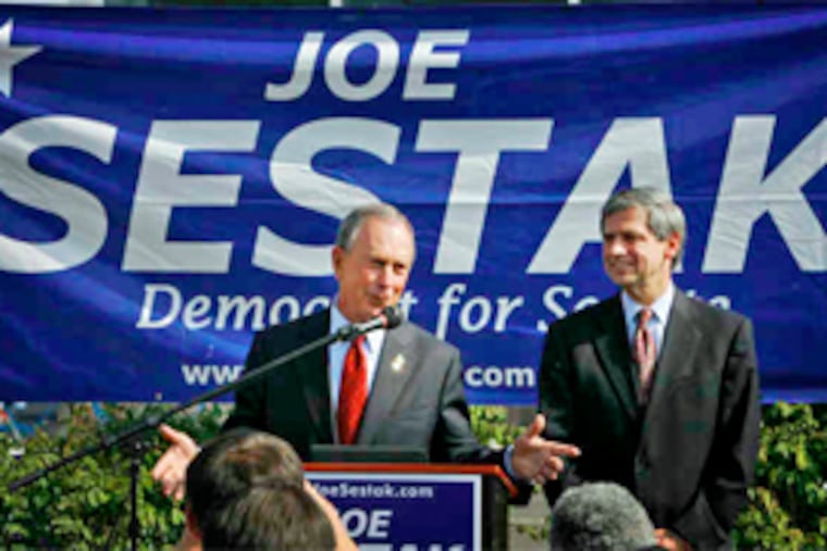 New York Mayor Michael Bloomberg (left), an independent, endorsed Democrat Joe Sestak (right) for U.S. Senate. (Alejandro A. Alvarez / Staff Photographer)