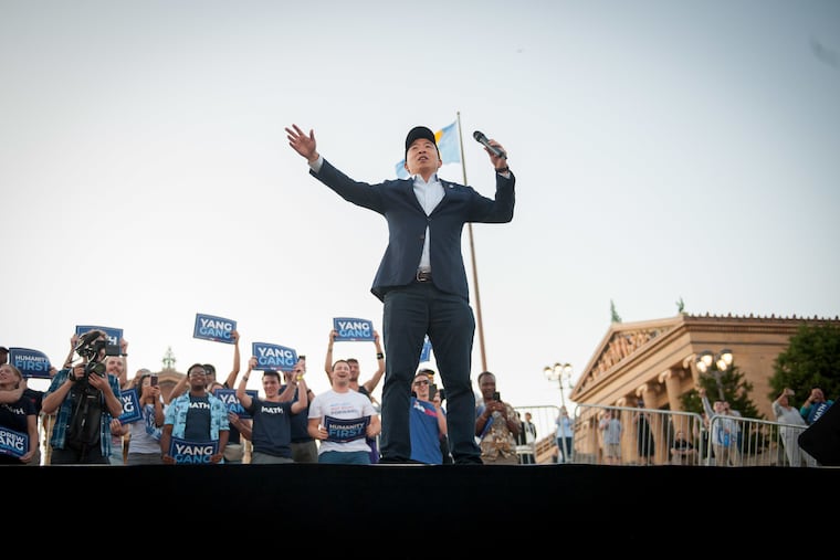 Candidate Andrew Yang greets attendees during a campaign rally at the Philadelphia Museum of Art in Philadelphia, Pa. on Tuesday, Sept. 17, 2019