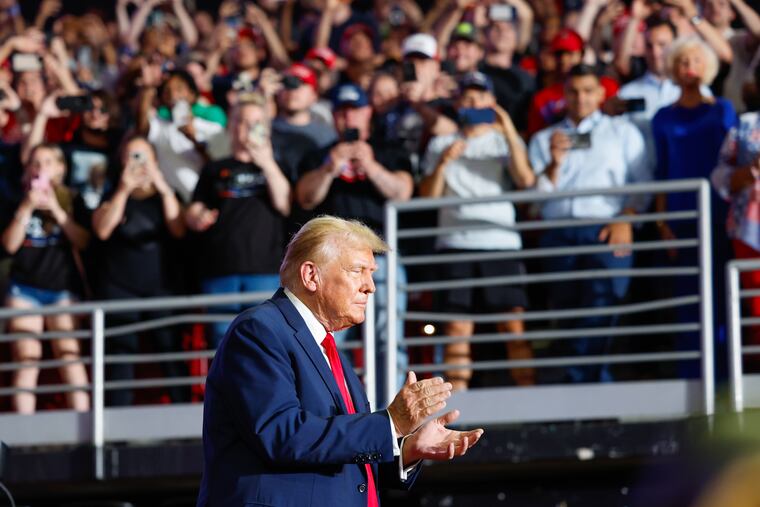 Republican presidential candidate, former President Donald Trump takes the stage at a campaign rally in Philly.
