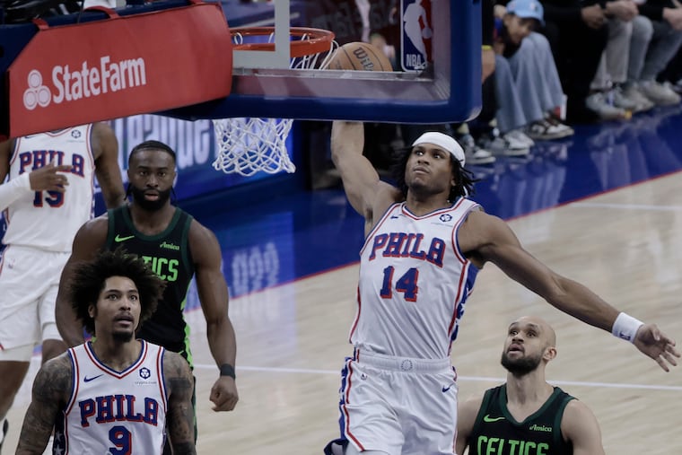 Ricky Council IV on his way to a dunk against the Boston Celtics on Sunday.
