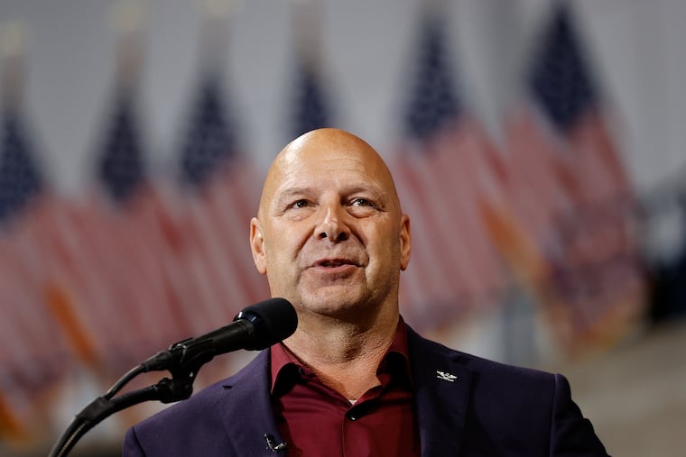 State Sen. Doug Mastriano, Republican candidate for governor, talks to supporters during the Save America rally with former President Donald Trump at the Mohegan Sun Arena at Casey Plaza in Wilkes-Barre on Sept. 3, 2022.