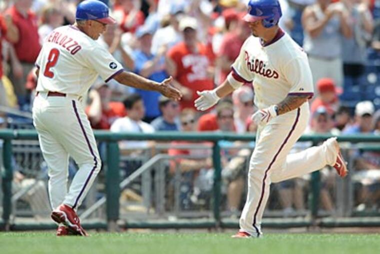 Catcher Dane Sardinha rounds the bases after hitting his first home run with the Phillies. (Clem Murray / Staff Photographer)