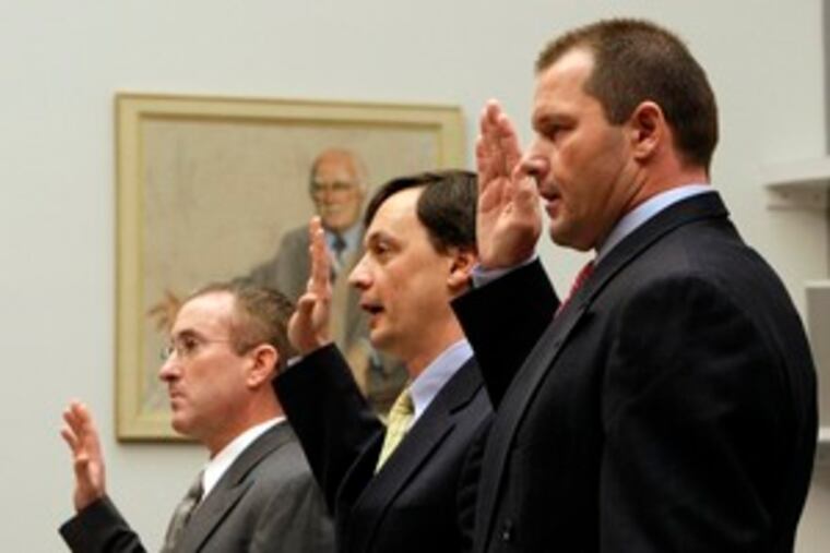 Charles Scheeler , an attorney who helped write the Mitchell Report, is sworn in between Roger Clemens (right) and Brian McNamee.