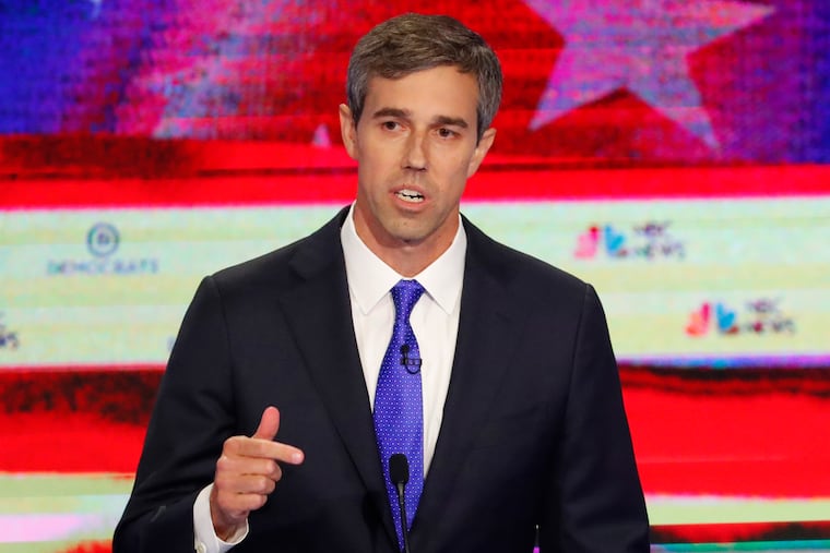 Democratic presidential candidate and former Texas Rep. Beto O'Rourke gestures during a Democratic primary debate hosted by NBC News at the Adrienne Arsht Center for the Performing Arts, Wednesday, June 26, 2019, in Miami.