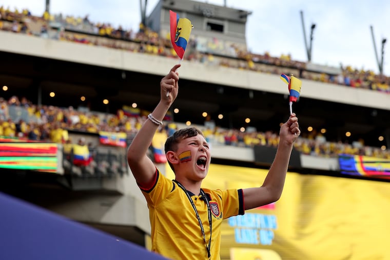 An Ecuador fan cheers for his team against Ivory Coast at the World Cup Group E soccer match in Philadelphia on Sunday, June 14, 2026. Ivory Coast won, 1-0.