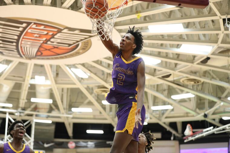 Camden's Aaron Bradshaw #2 dunks against Calvary Christian Academy during a high school basketball game at the Hoophall Classic, Saturday, January 15, 2022, in Springfield, MA. (AP Photo/Gregory Payan)