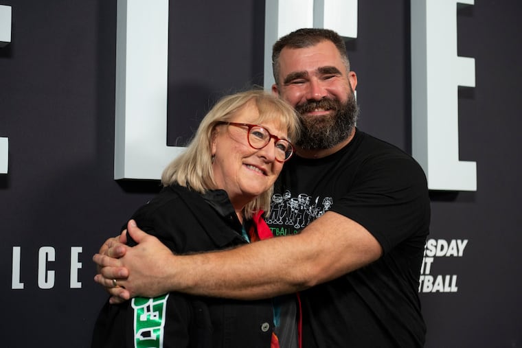 Donna Kelce (left) and Jason Kelce (right) pose for a photo at the premier of Jason Kelce’s documentary at Suzanne Roberts Theater in Philadelphia on Friday, Sept. 9, 2023. The film, Kelce, is a feature-length documentary featuring Jason Kelce and the Eagles’ 2022-2023 season.