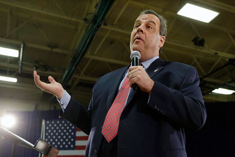 New Jersey Gov. Chris Christie addresses a gathering during a town hall meeting in Brick Township, N.J., Thursday, April 24, 2014. (AP Photo/Mel Evans)