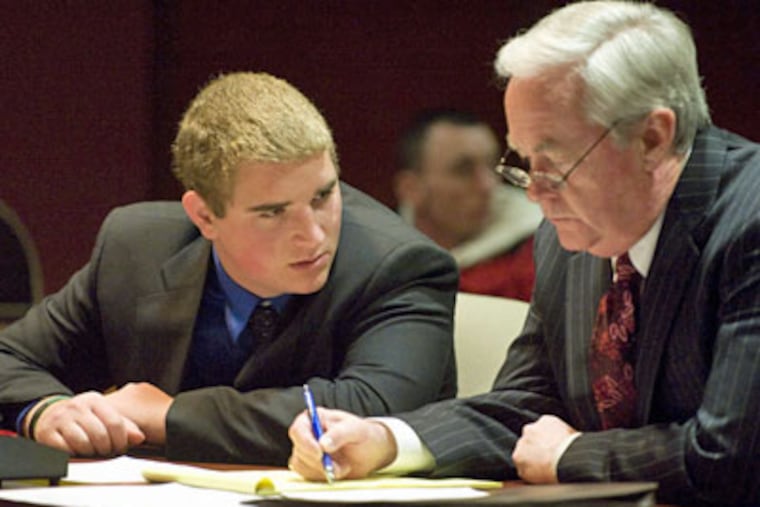 Daniel L. Friedmann, 19, of Moorestown,N.J., appears in Burlington County Superior Court in Mount Holly, Friday, Feb. 6, 2009, with his lawyer Michael Riley, right, to be sentenced in connection with a 2007, drunk driving accident that caused the death of his friend Evan Welch. Friedmann was sentenced to four years and has until Feb. 20 to report to state prison. (AP Photo, John Ziomek, pool)