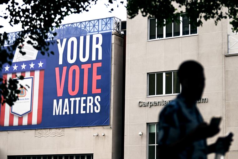 A banner along Spring Garden Street reminded Philadelphians of primary Election Day last Tuesday.